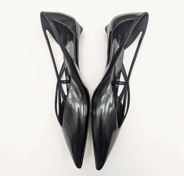 Prada Cutout Black Glazed Leather Pointy Flats New in Box Shoes