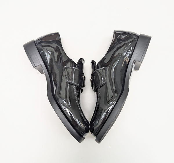 Prada New in Box Black Patent Leather Logo Loafers