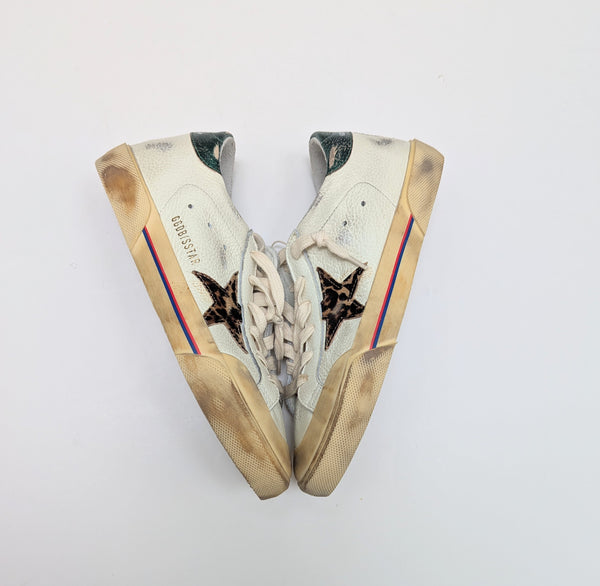 Golden Goose Super-Star Penstar Classic New in Box Calf Leopard Star with Metallic Green Accent