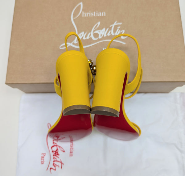 Christian Louboutin Atmospheria 85 Sunflower Yellow Leather Heels with Rhinestone Ball Detail New in Box Sandals