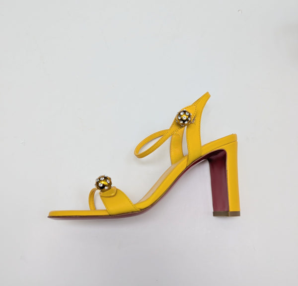 Christian Louboutin Atmospheria 85 Sunflower Yellow Leather Heels with Rhinestone Ball Detail New in Box Sandals