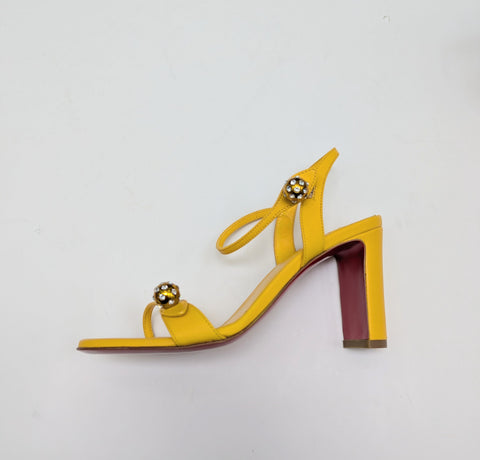 Christian Louboutin Atmospheria 85 Sunflower Yellow Leather Heels with Rhinestone Ball Detail New in Box Sandals