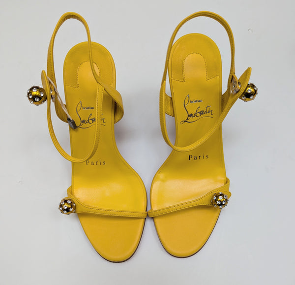 Christian Louboutin Atmospheria 85 Sunflower Yellow Leather Heels with Rhinestone Ball Detail New in Box Sandals