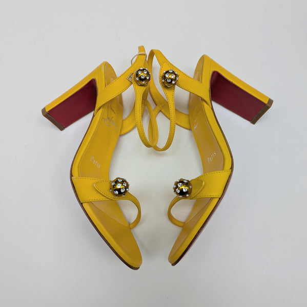 Christian Louboutin Atmospheria 85 Sunflower Yellow Leather Heels with Rhinestone Ball Detail New in Box Sandals