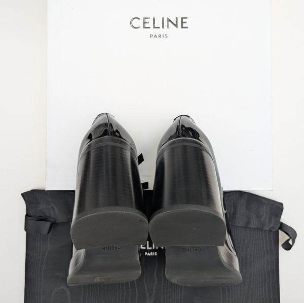 Celine Black Patent Triomphe Pattern Double Strap Platform Mary Janes New in Box