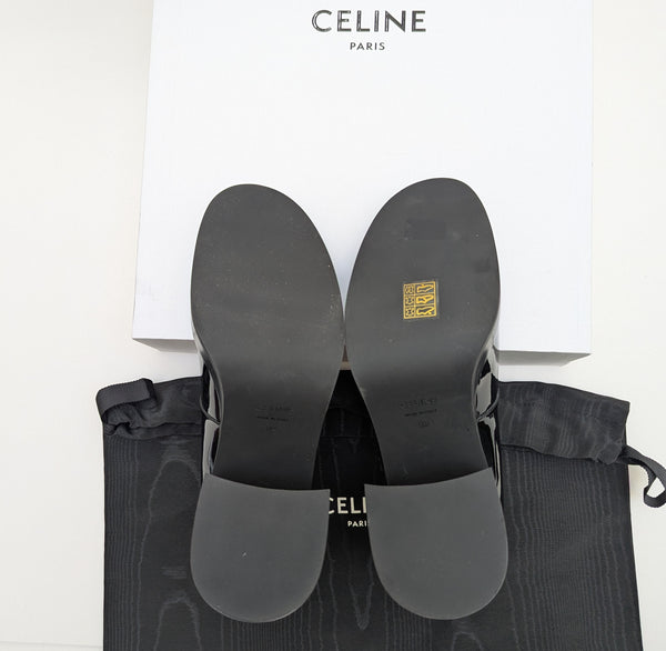 Celine Black Patent Triomphe Pattern Double Strap Platform Mary Janes New in Box