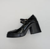 Celine Black Patent Triomphe Pattern Double Strap Platform Mary Janes New in Box