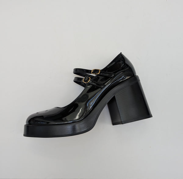 Celine Black Patent Triomphe Pattern Double Strap Platform Mary Janes New in Box