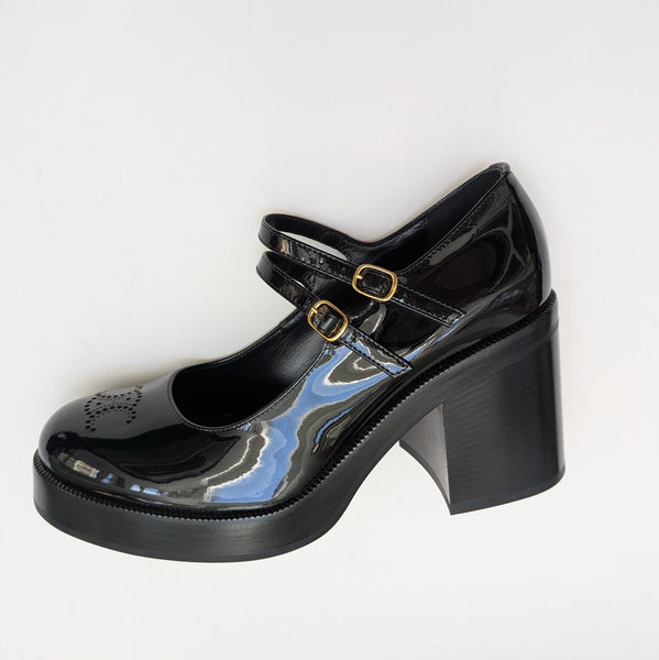 Celine Black Patent Triomphe Pattern Double Strap Platform Mary Janes New in Box