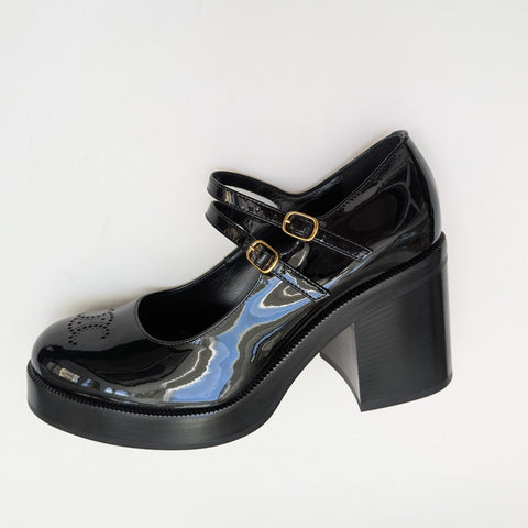 Celine Black Patent Triomphe Pattern Double Strap Platform Mary Janes New in Box