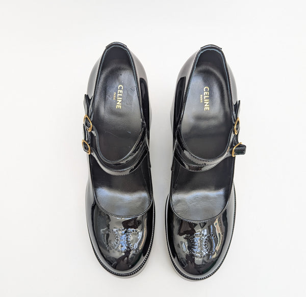 Celine Black Patent Triomphe Pattern Double Strap Platform Mary Janes New in Box