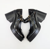 Celine Black Patent Triomphe Pattern Double Strap Platform Mary Janes New in Box