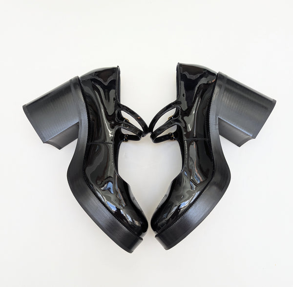 Celine Black Patent Triomphe Pattern Double Strap Platform Mary Janes New in Box