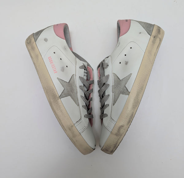 Golden Goose SuperStar Distressed Leather Sneakers with Pink Heel Tab New in Box Sale