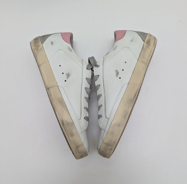 Golden Goose SuperStar Distressed Leather Sneakers with Pink Heel Tab New in Box Sale