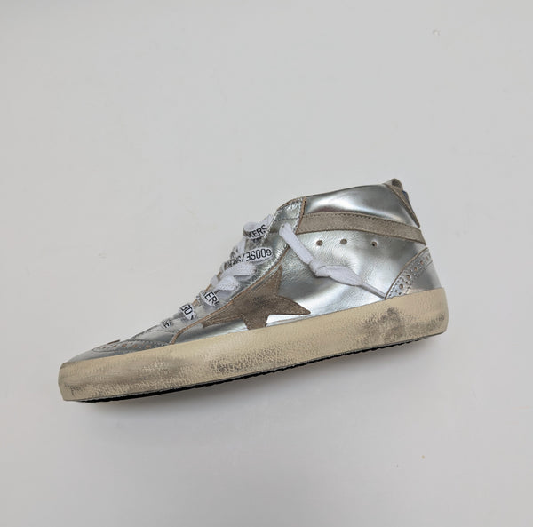 Golden Goose Mid Star Classic Distressed Suede Trimmed Metallic Leather Sneakers
