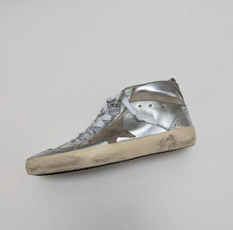 Golden Goose Mid Star Classic Distressed Suede Trimmed Metallic Leather Sneakers