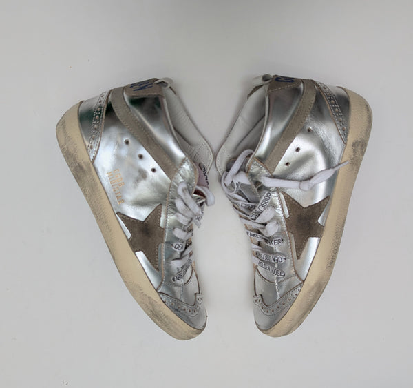 Golden Goose Mid Star Classic Distressed Suede Trimmed Metallic Leather Sneakers
