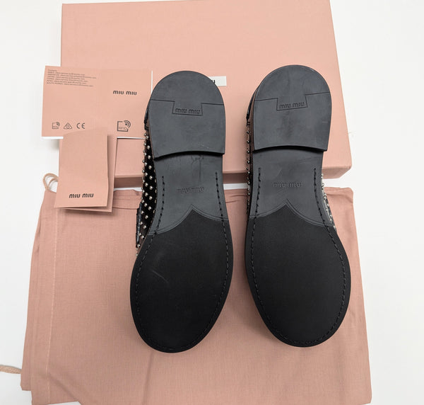 Miu Miu Penny Loafers in Black Glossed Leather with Silver Stud Detail New Shoes in Box Rivets