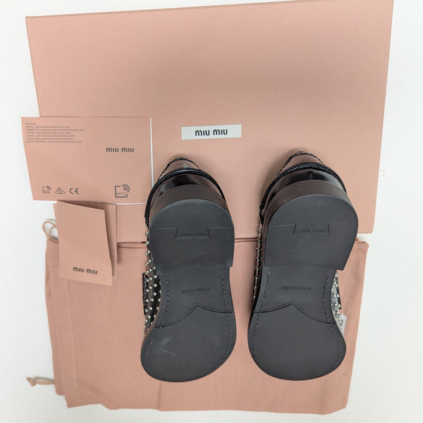 Miu Miu Penny Loafers in Black Glossed Leather with Silver Stud Detail New Shoes in Box Rivets