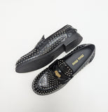 Miu Miu Penny Loafers in Black Glossed Leather with Silver Stud Detail New Shoes in Box Rivets