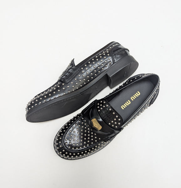 Miu Miu Penny Loafers in Black Glossed Leather with Silver Stud Detail New Shoes in Box Rivets