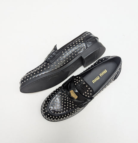 Miu Miu Penny Loafers in Black Glossed Leather with Silver Stud Detail New Shoes in Box Rivets