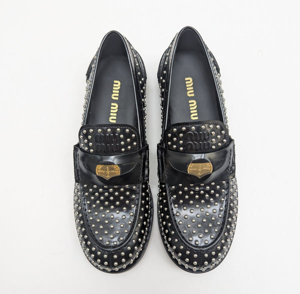 Miu Miu Penny Loafers in Black Glossed Leather with Silver Stud Detail New Shoes in Box Rivets