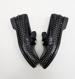 Miu Miu Penny Loafers in Black Glossed Leather with Silver Stud Detail New Shoes in Box Rivets