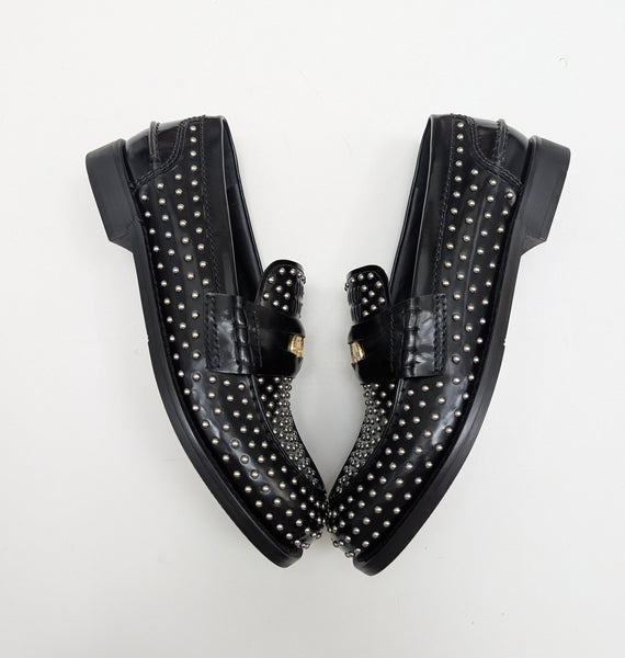 Miu Miu Penny Loafers in Black Glossed Leather with Silver Stud Detail New Shoes in Box Rivets
