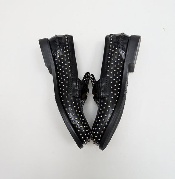 Miu Miu Penny Loafers in Black Glossed Leather with Silver Stud Detail New Shoes in Box Rivets