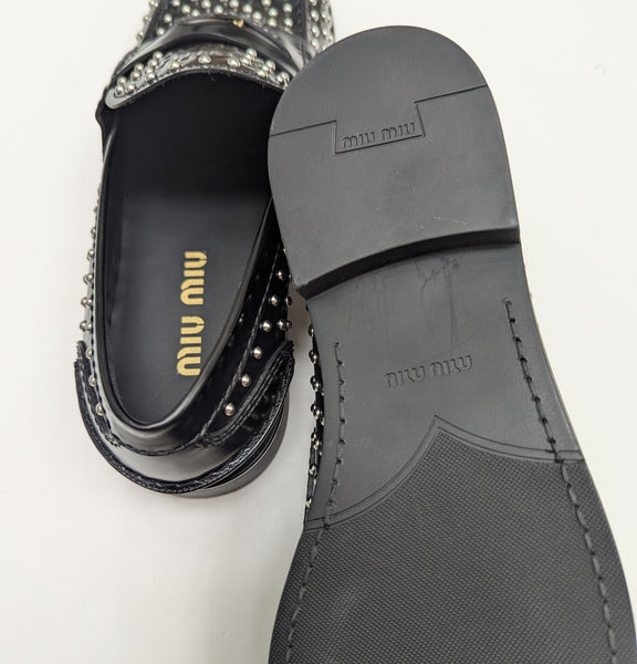 Miu Miu Penny Loafers in Black Glossed Leather with Silver Stud Detail New Shoes in Box Rivets