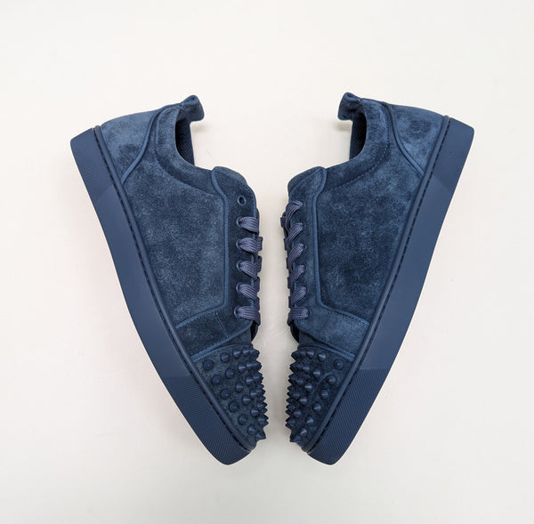 Christian Louboutin Louis Junior Sneakers Denim Dark Blue Suede with Studs New in Box