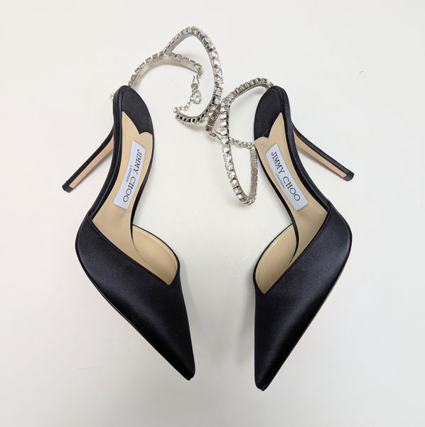 Jimmy Choo Navy Satin Saeda 100 Rhinestone Ankle Strap Evening Shoes New in Box Heels Sale