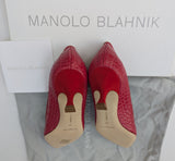 Manolo Blahnik Maysale 50 Embossed Croc Bright Red Leather Kitten Heels New