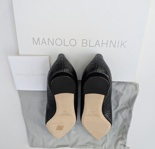 Manolo Blahnik Croc Embossed Black Leather Maysale Flats Buckle Shoes New in Box