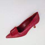 Manolo Blahnik Maysale 50 Embossed Croc Bright Red Leather Kitten Heels New