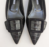 Manolo Blahnik Croc Embossed Black Leather Maysale Flats Buckle Shoes New in Box