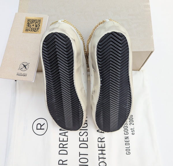 Golden Goose Superstar Chain Embellished White Leather Sneakers New in Box Discount Super Star