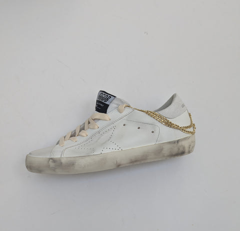 Golden Goose Superstar Chain Embellished White Leather Sneakers New in Box Discount Super Star