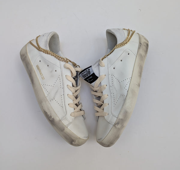 Golden Goose Superstar Chain Embellished White Leather Sneakers New in Box Discount Super Star