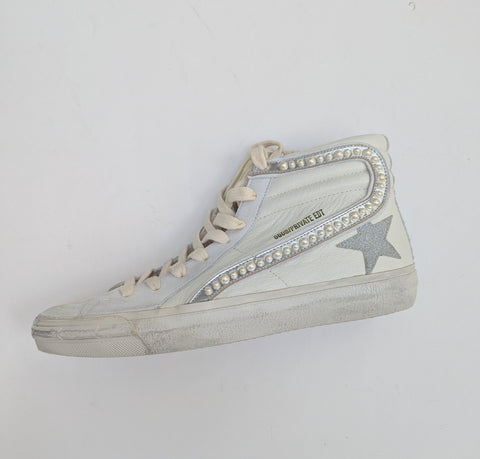Golden Goose Slide Classic Embellished Distressed GlitteredLleather and Suede High Top Sneakers New in Box Discount
