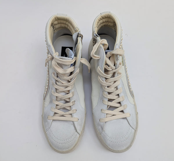 Golden Goose Slide Classic Embellished Distressed GlitteredLleather and Suede High Top Sneakers New in Box Discount