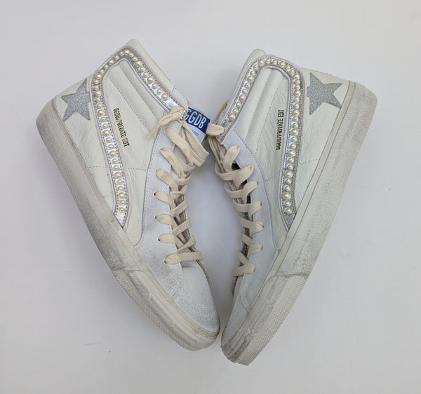 Golden Goose Slide Classic Embellished Distressed GlitteredLleather and Suede High Top Sneakers New in Box Discount