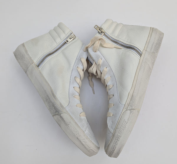 Golden Goose Slide Classic Embellished Distressed GlitteredLleather and Suede High Top Sneakers New in Box Discount