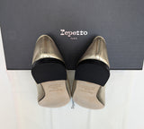 Repetto Flora Ballet Flats in Pale Gold Leather with Black Patent Cap Toe New in Bow