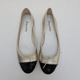 Repetto Flora Ballet Flats in Pale Gold Leather with Black Patent Cap Toe New in Bow