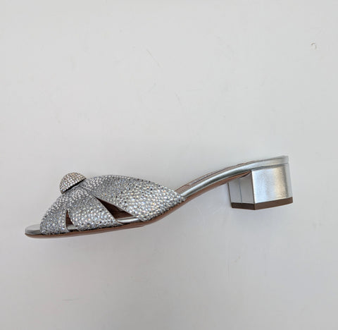 Aquazzura Italian Flirt 35 Crystal Embellished Silver Leather Sandals New in Box Slides