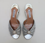 Aquazzura Italian Flirt 35 Crystal Embellished Silver Leather Sandals New in Box Slides