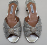 Aquazzura Italian Flirt 35 Crystal Embellished Silver Leather Sandals New in Box Slides